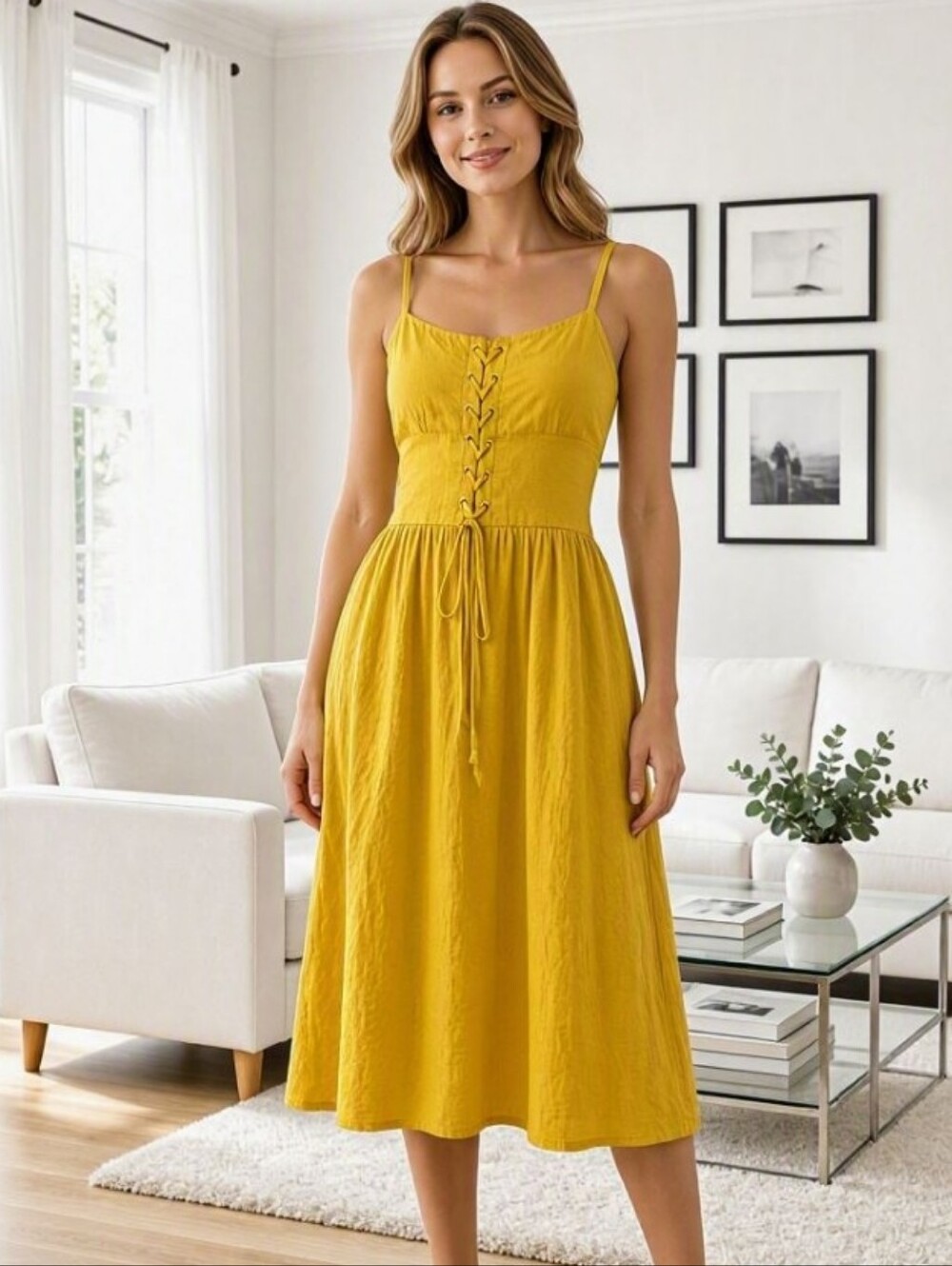 Mustard Yellow Gold Lace-Up Corset Style Bodice Spaghetti Strap Midi Dress - L